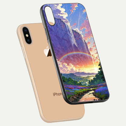 Rainbow Valley Dream Glass Case for iPhone 16 Pro floating dual-view mockup showing gloss texture and dream vibe