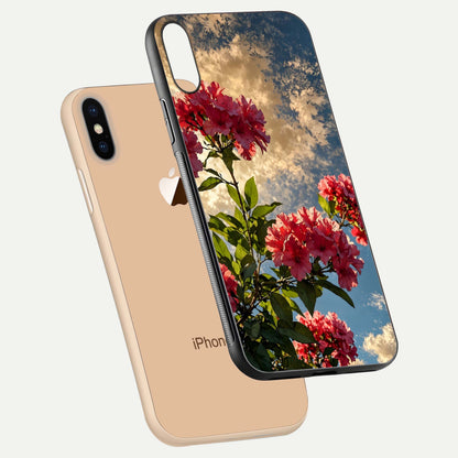 Red Bloom Skies Glass Case for iPhone Xs Max floating dual-view mockup showing glass gloss and floral pattern