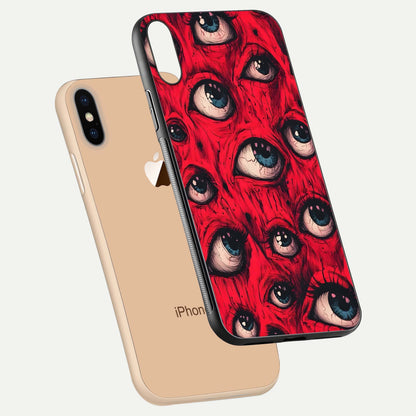 Red Eyes Pattern Glass Case for iPhone Xs Max floating dual-view mockup displaying reflection and gloss texture