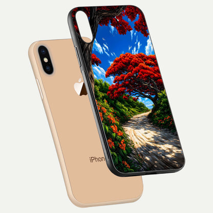 Red Trees Pathway Glass Case for iPhone Xs Max floating dual-view mockup displaying gloss texture and print depth