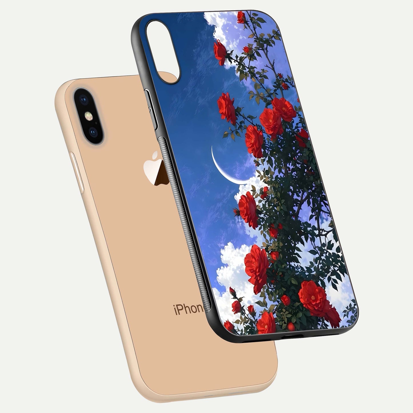 Rose Drift Flowers Glass Case for iPhone Xs Max floating dual-view mockup showing gloss shine and floral tone
