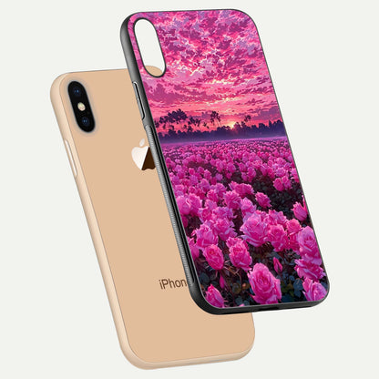 Rose Sunset Valley Glass Case for iPhone Xs Max floating dual-view mockup showing gloss reflection and art depth