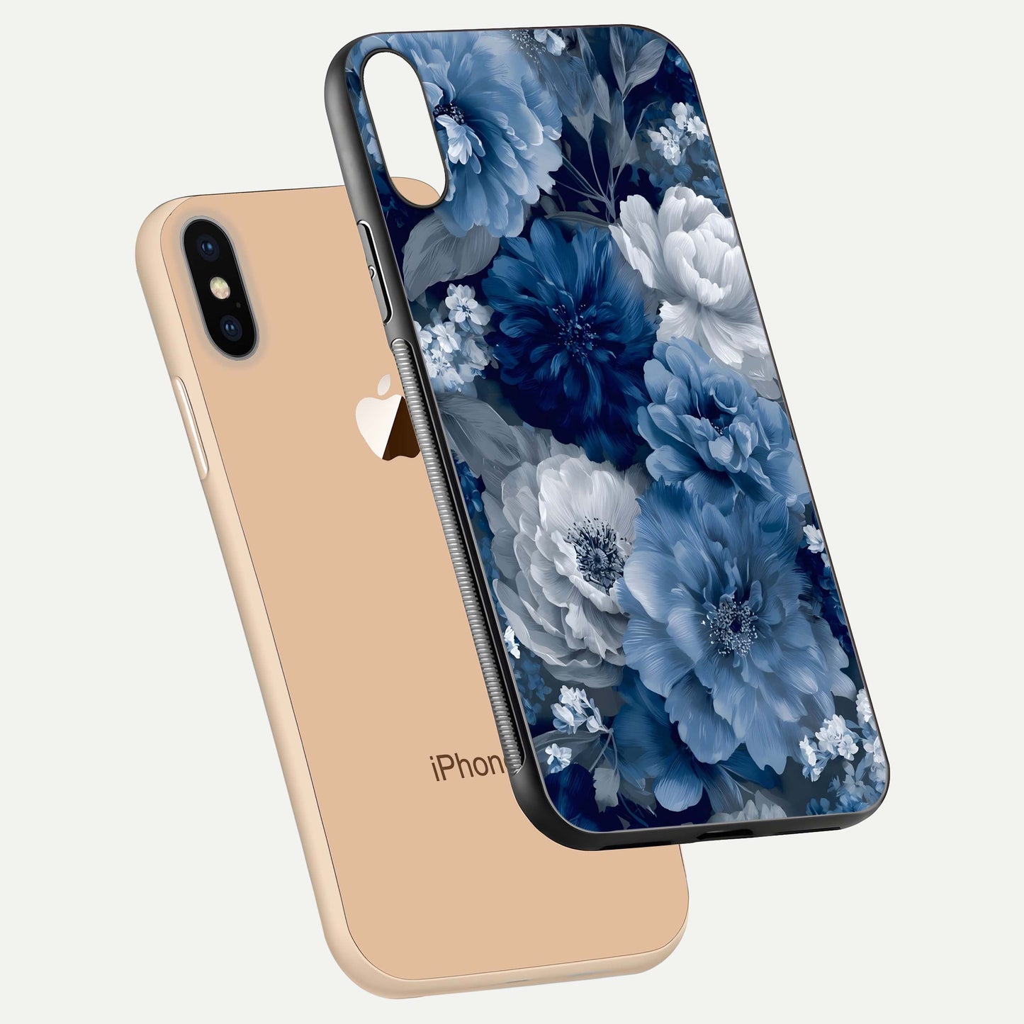Royal Bloom Garden Glass Case for iPhone Xs Max floating dual-view mockup displaying gloss and print clarity