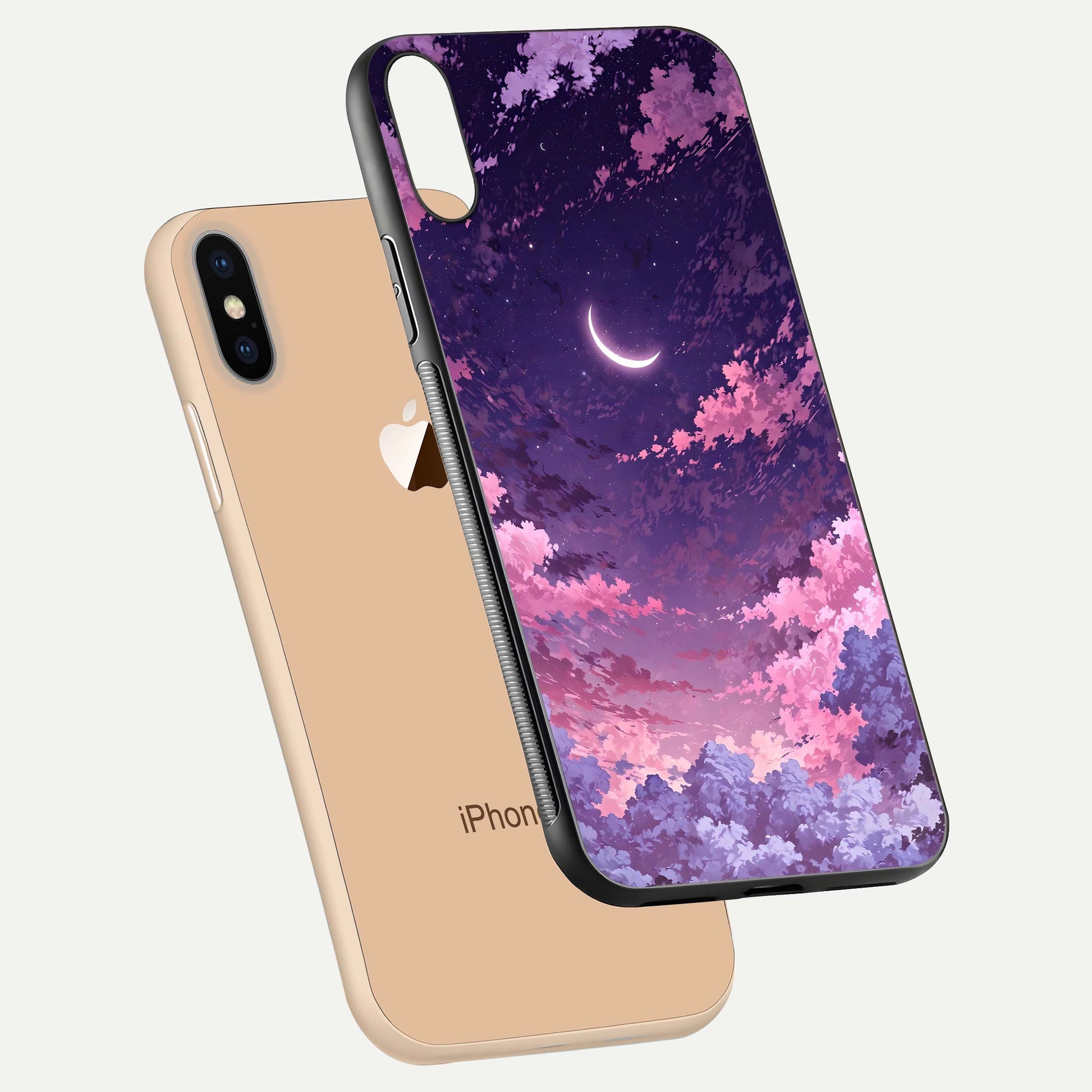 Sky Drift Clouds Glass Case for iPhone Xs Max floating dual-view mockup displaying gloss shine and depth