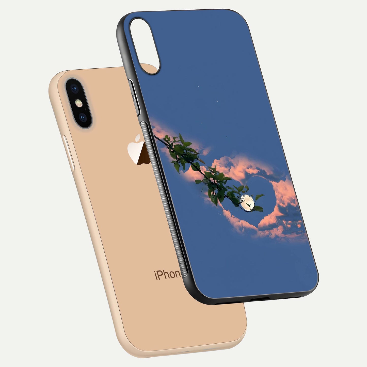 Sky Under Tree Glass Case for iPhone Xs Max floating dual-view mockup displaying gloss reflection and landscape tone
