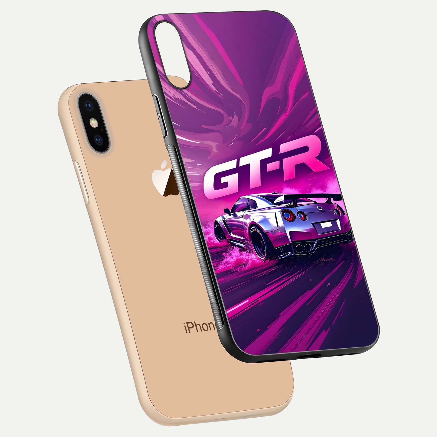 Speed Drift Legend Glass Case for iPhone Xs Max floating dual-view mockup displaying gloss shine and motion effect