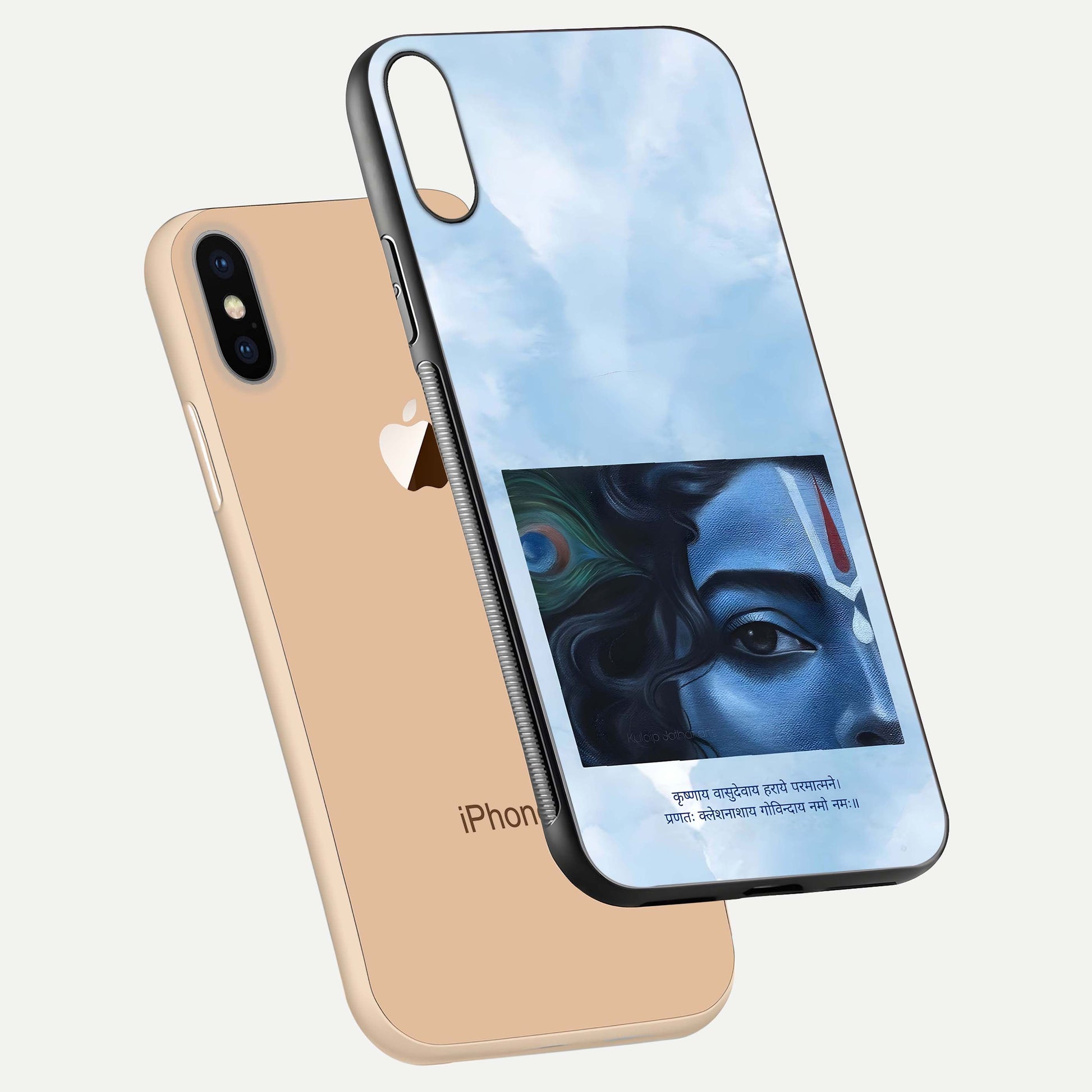 Spiritual Krishna Glass Case for iPhone 16 Pro floating dual-view mockup displaying gloss shine and divine detail