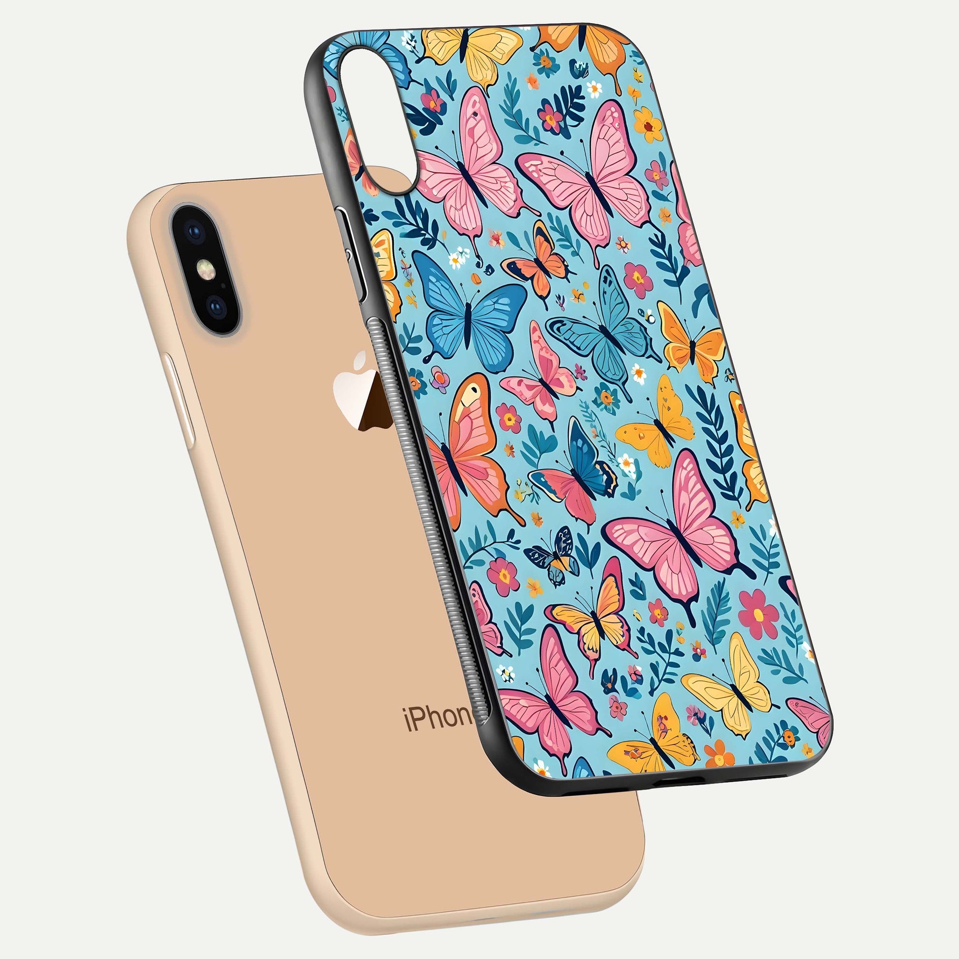 Spring Wing Garden Glass Case for iPhone Xs Max floating dual-view mockup showing gloss texture and vivid print