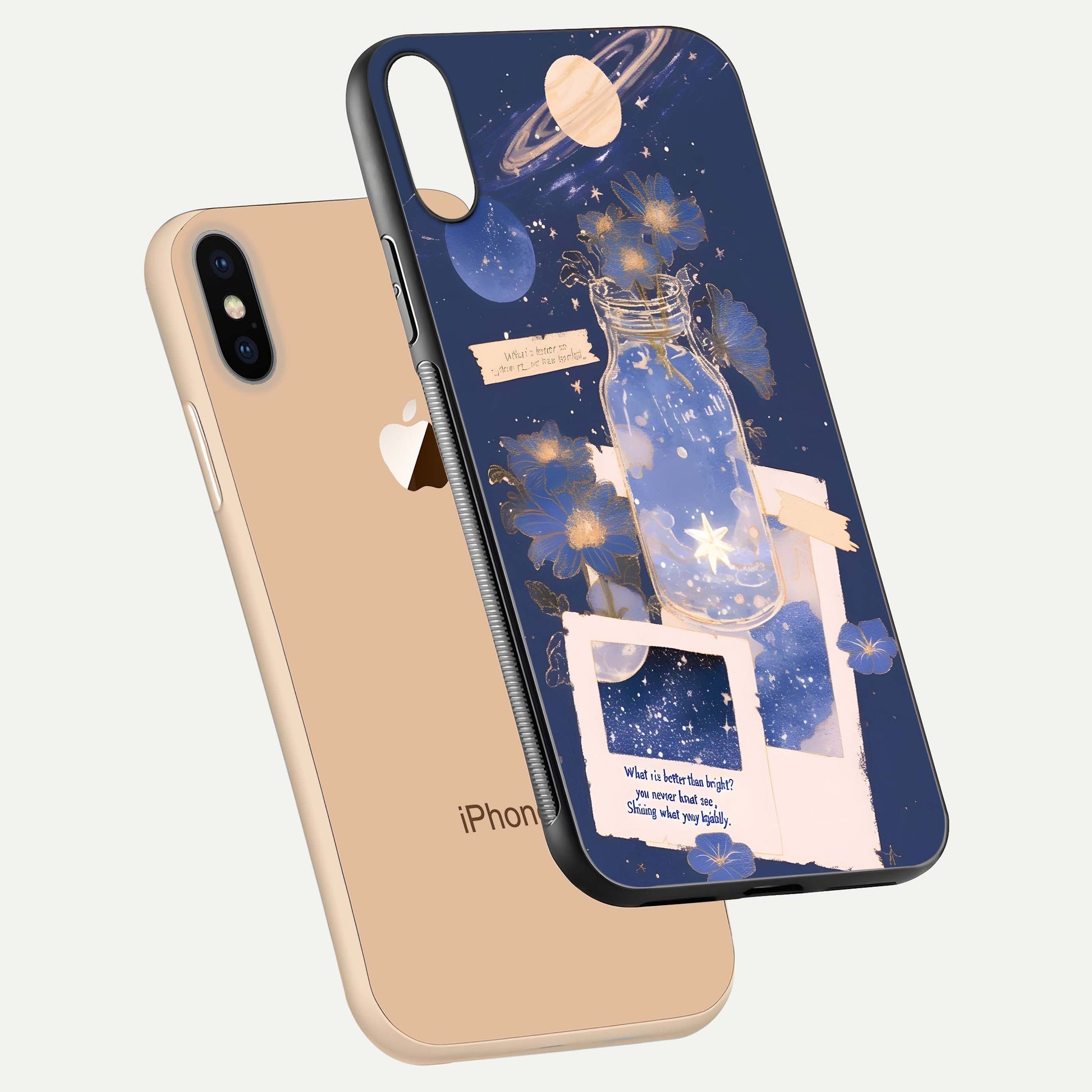 Starlit Cosmic Jar Glass Case for iPhone Xs Max floating dual-view mockup displaying gloss and starry depth