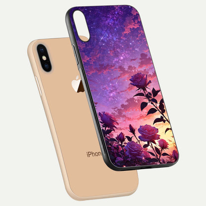 Starlit Rose Twilight Glass Case for iPhone Xs Max floating dual-view mockup displaying gloss shine and depth