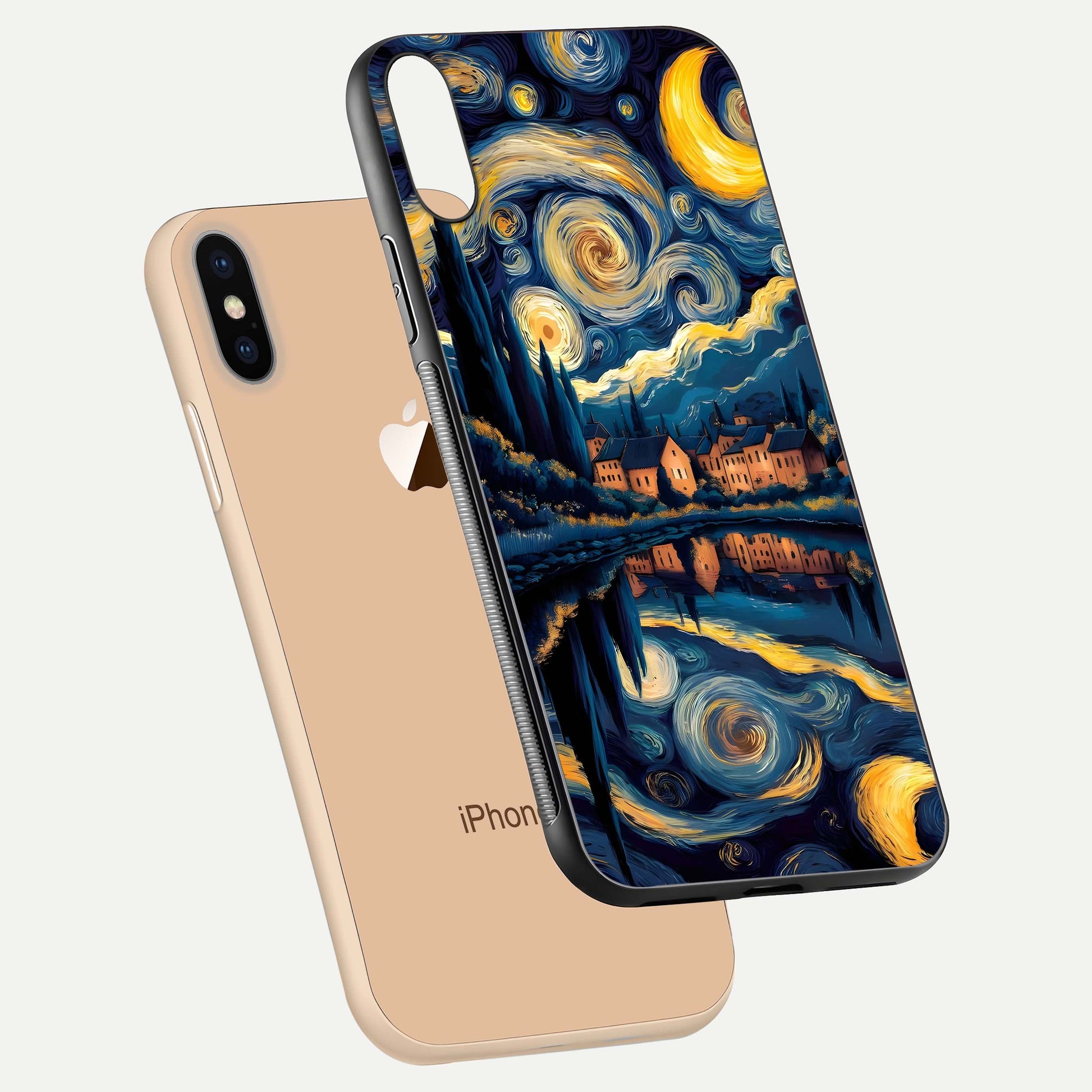 Starry Sky Serenity Glass Case for iPhone Xs Max floating dual-view mockup displaying gloss texture and shine