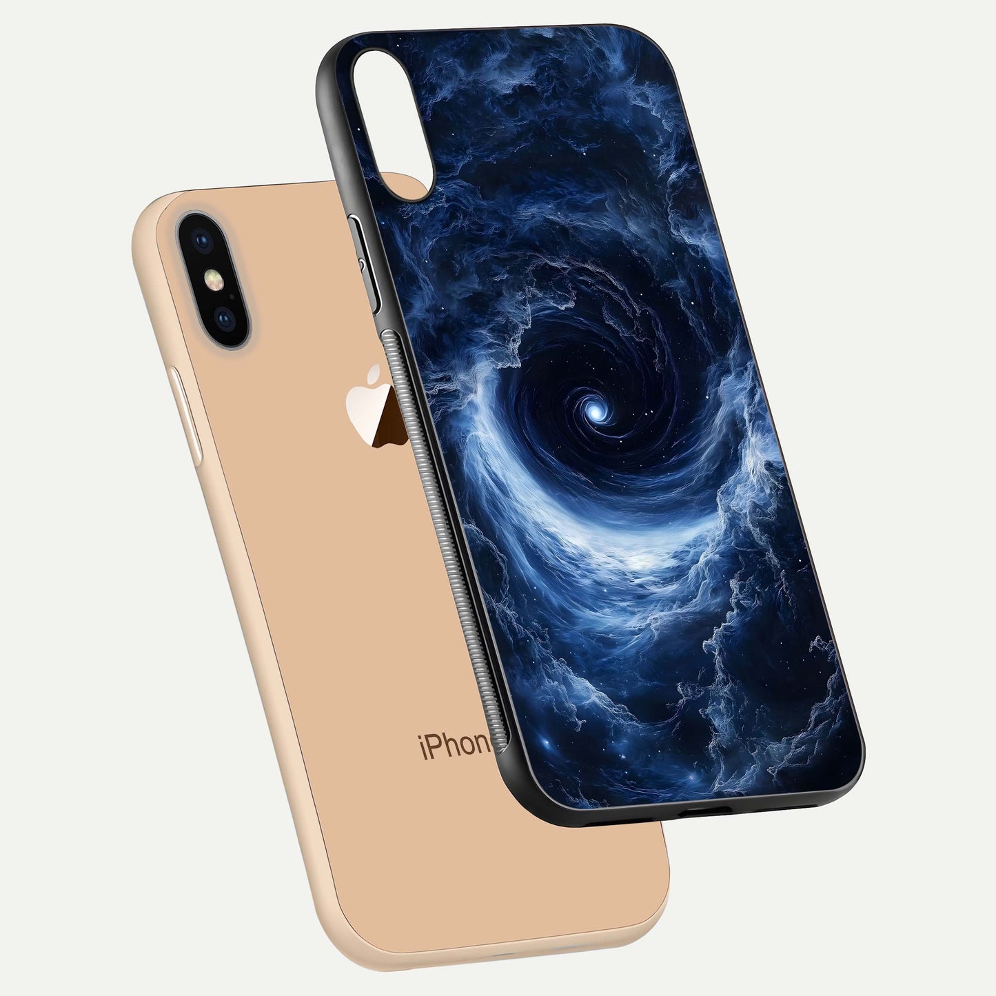 Stunning Galaxy Glass Case for iPhone Xs Max floating dual-view mockup displaying gloss shine and vivid print depth