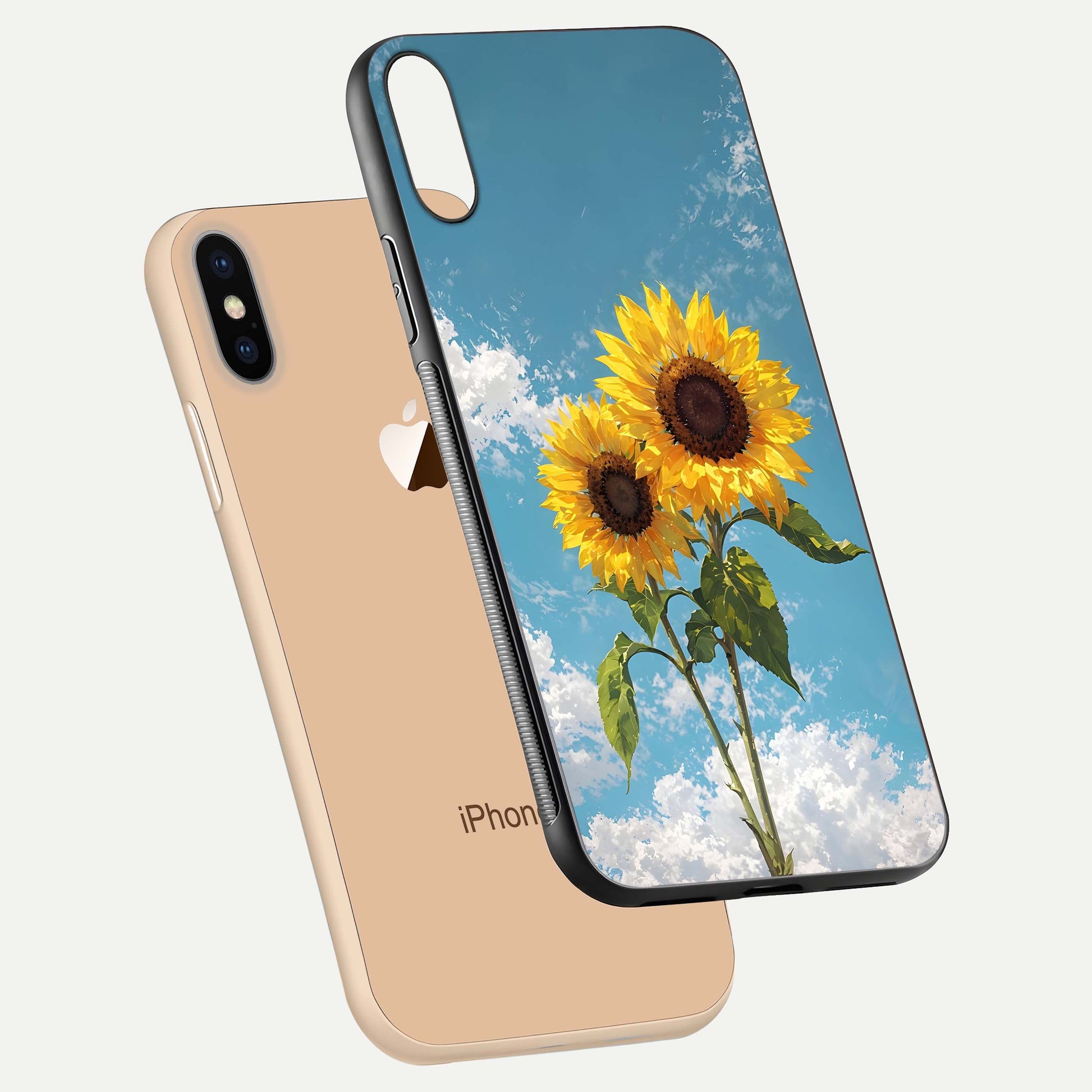 Sunflower Sky Bloom Glass Case for iPhone Xs Max floating dual-view mockup displaying gloss shine and vibrant texture