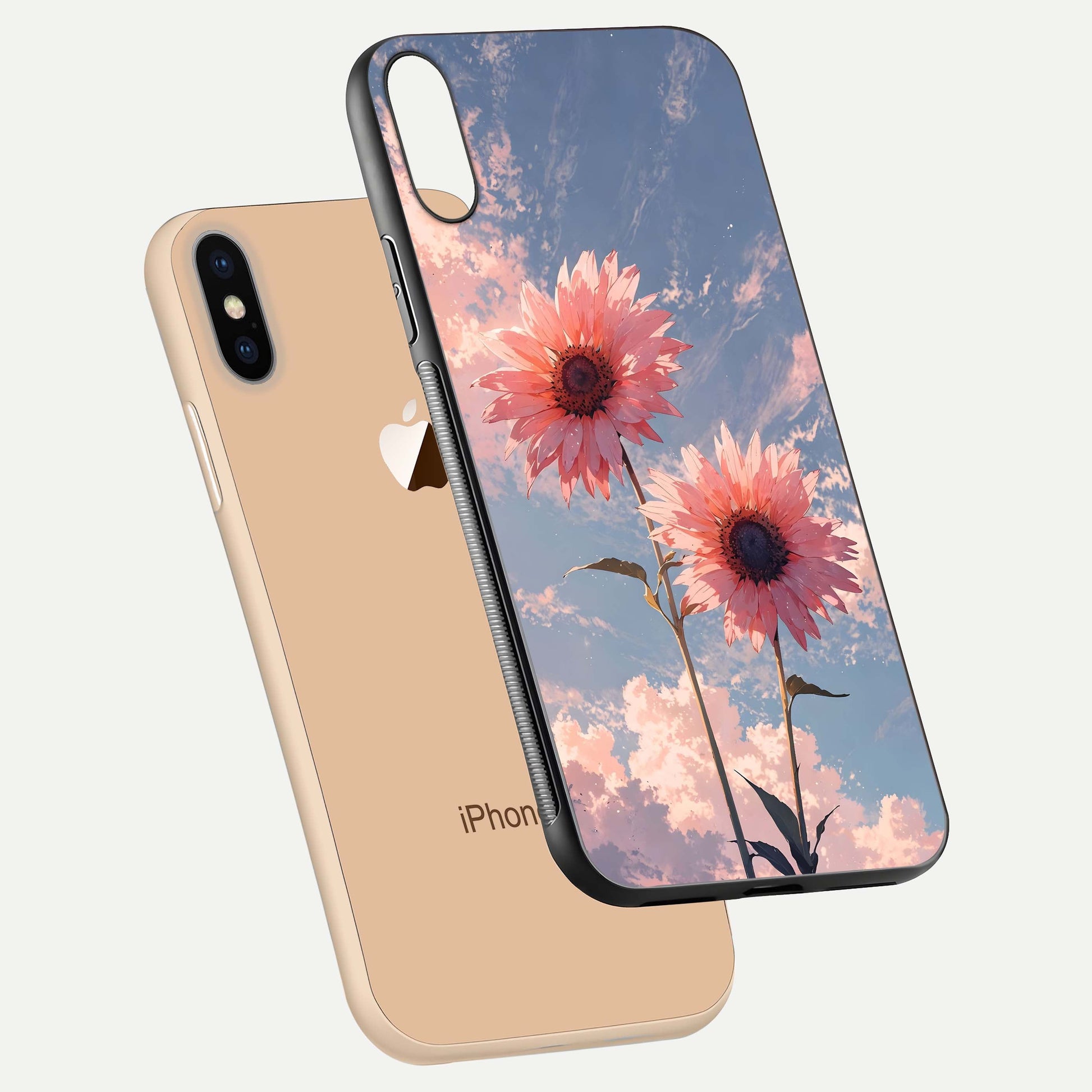 Sunlit Daisy Glow Glass Case for iPhone Xs Max floating dual-view mockup displaying gloss finish and HD print