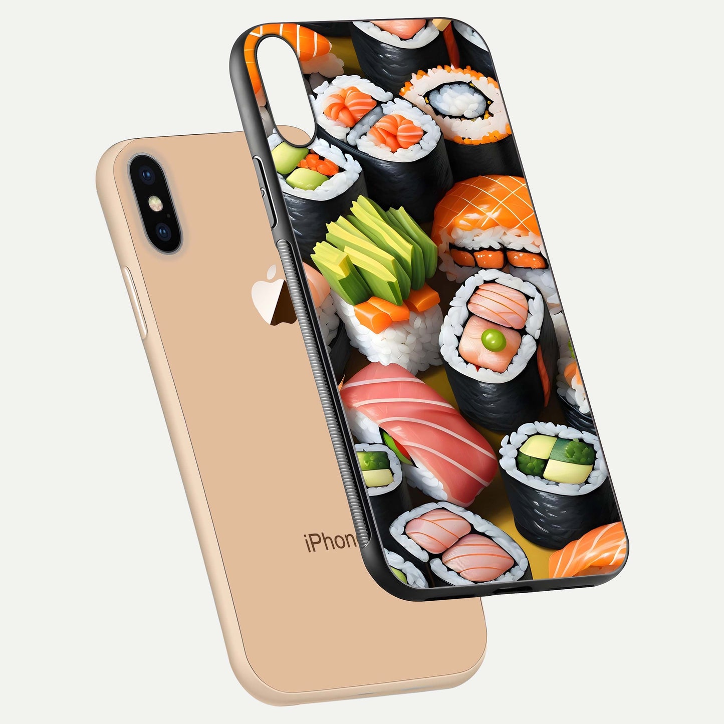 Sushi Food Pattern Glass Case for iPhone Xs Max floating dual-view mockup displaying gloss and HD pattern