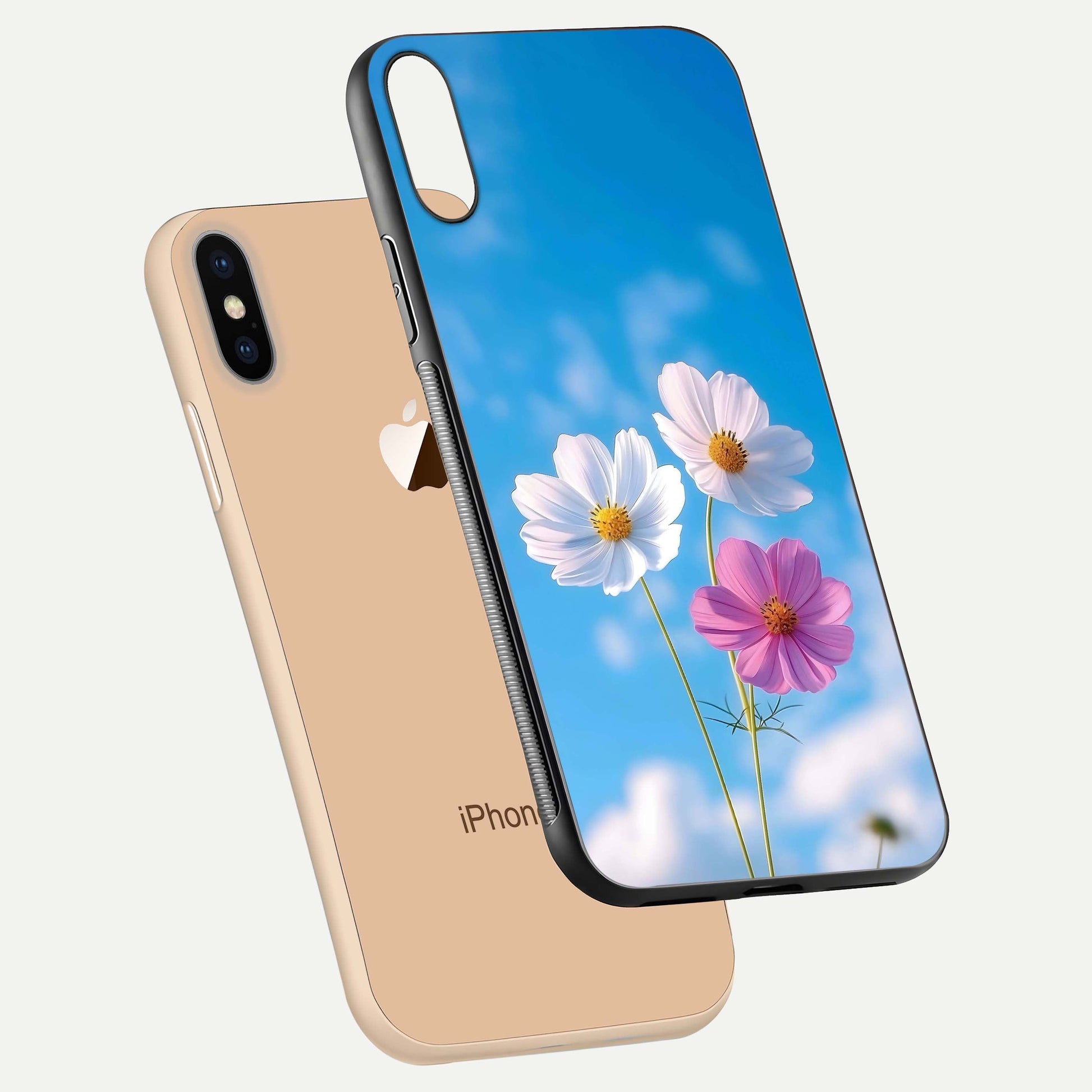 Triple Flowers With Sky Glass Case for iPhone Xs Max floating dual-view mockup displaying gloss and soft hues