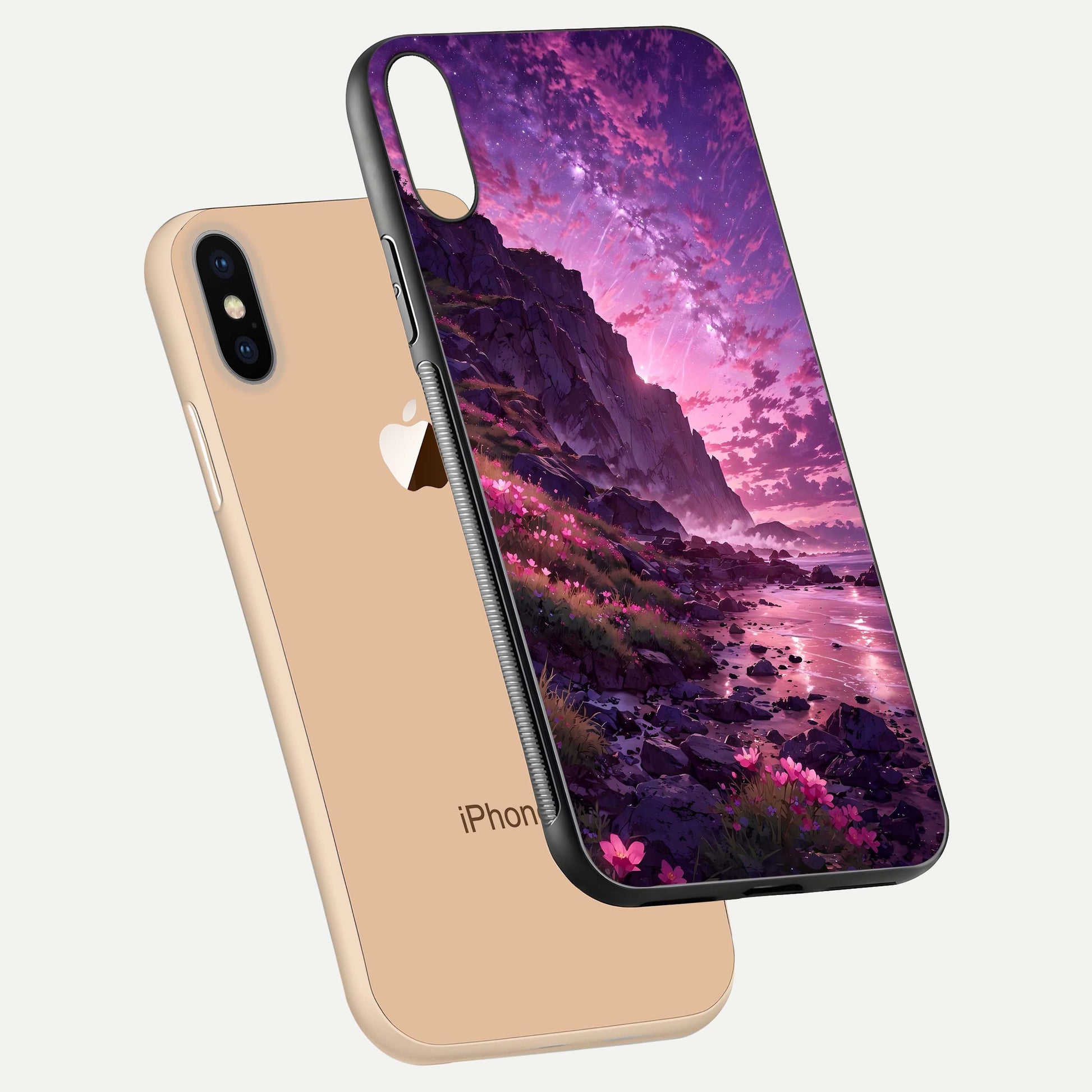 Twilight Blossom Coast Glass Case for iPhone Xs Max floating dual-view mockup displaying gloss surface and detail