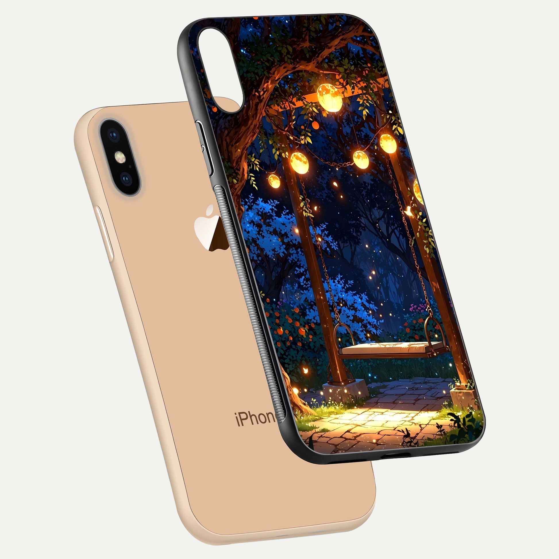 Twilight Garden Swing Glass Case for iPhone Xs Max floating dual-view mockup displaying gloss and tone balance