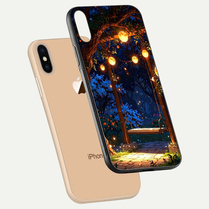 Twilight Garden Swing Glass Case for iPhone Xs Max floating dual-view mockup displaying gloss and tone balance