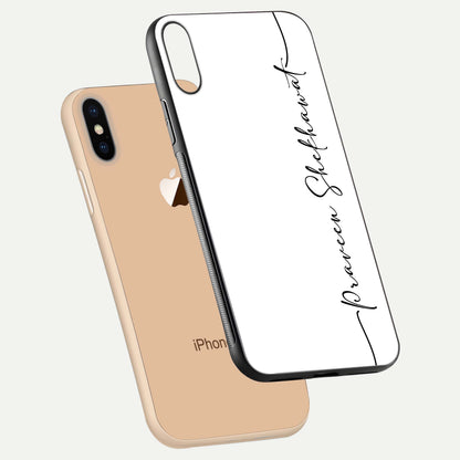 White Tune Custom Name Glass Case for iPhone Xs Max floating dual-view mockup displaying gloss and HD detail