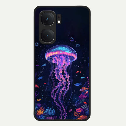  Neon Jellyfish Glass Case For iQOO Neo 9 Pro back cover – full design glossy printed glass finish