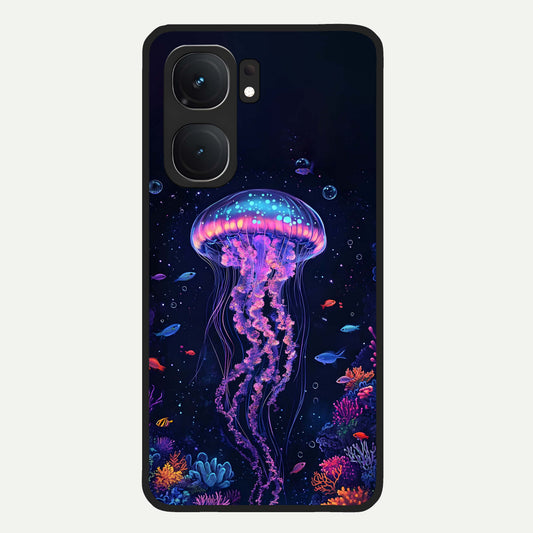 Neon Jellyfish Glass Case For iQOO Neo 9 Pro back cover – full design glossy printed glass finish