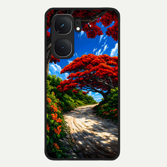  Red Trees Pathway Glass Case For iQOO Neo 9 Pro back cover – full design glossy printed glass finish