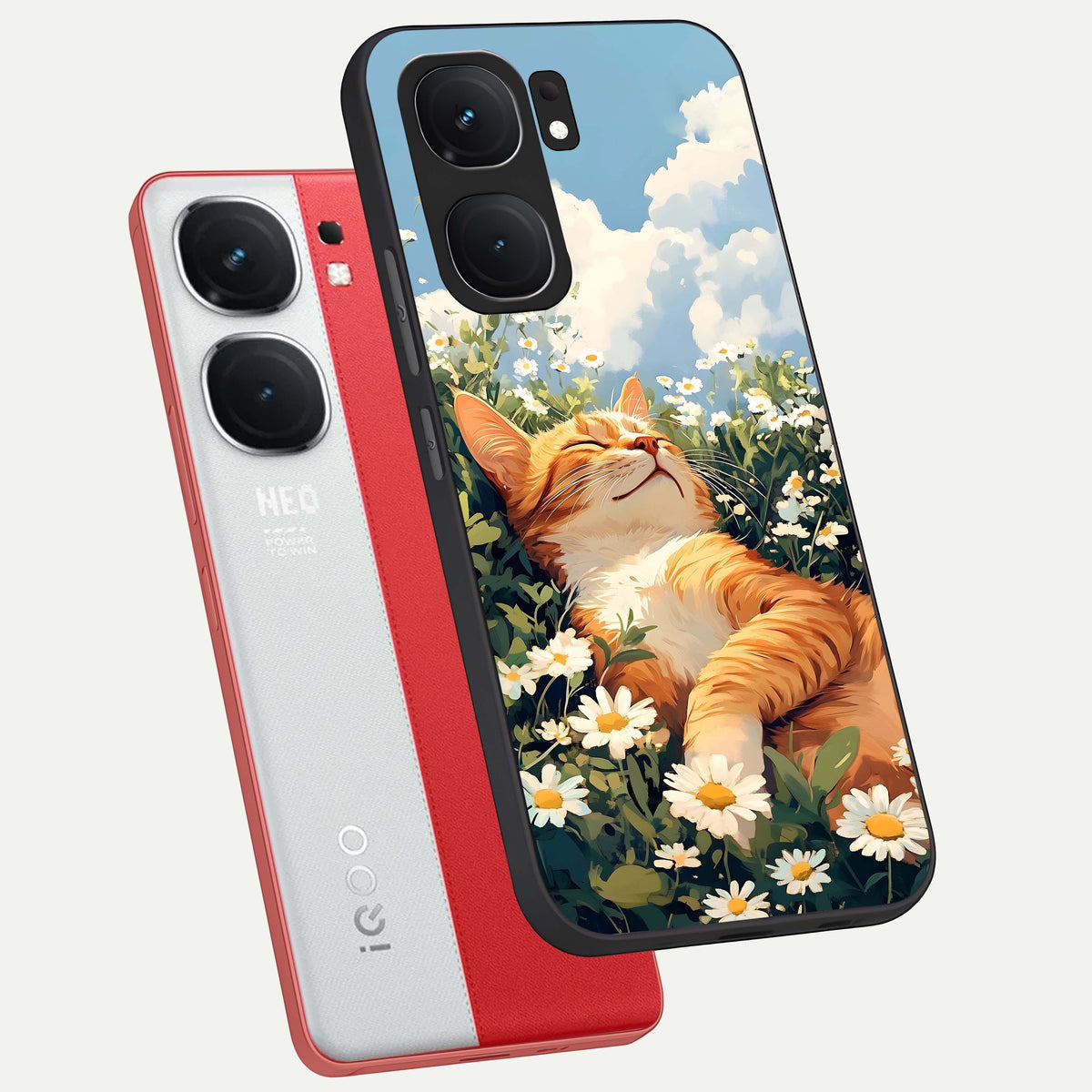  Cat And Flowers View phone case For iQOO Neo 9 Pro showing premium glass back cover with detailed artwork