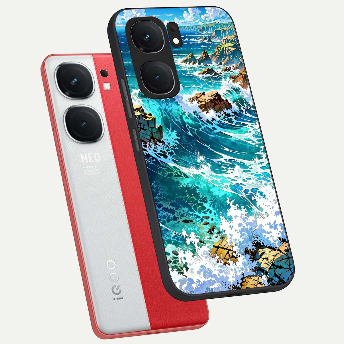  Coastal Blue Waves phone case For iQOO Neo 9 Pro showing premium glass back cover with detailed artwork