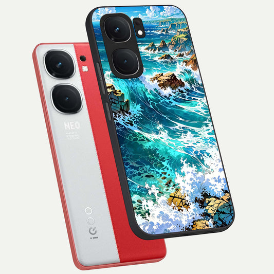 Coastal Blue Waves phone case For iQOO Neo 9 Pro showing premium glass back cover with detailed artwork
