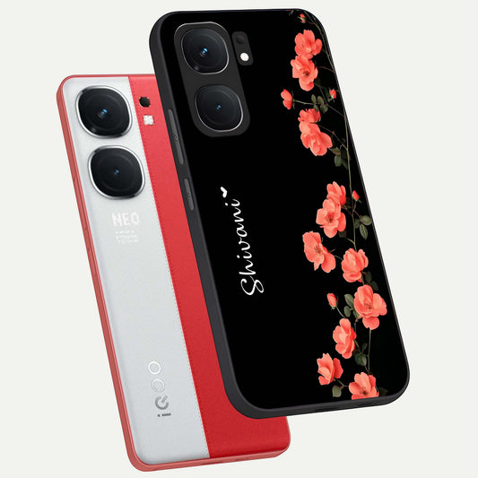  Crimson Bloom Grace Custom Name phone case For iQOO Neo 9 Pro showing premium glass back cover with detailed artwork