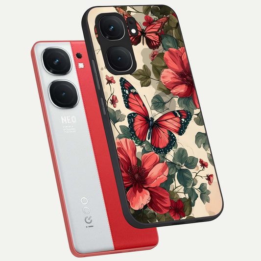  Crimson Butterfly Garden phone case For iQOO Neo 9 Pro showing premium glass back cover with detailed artwork