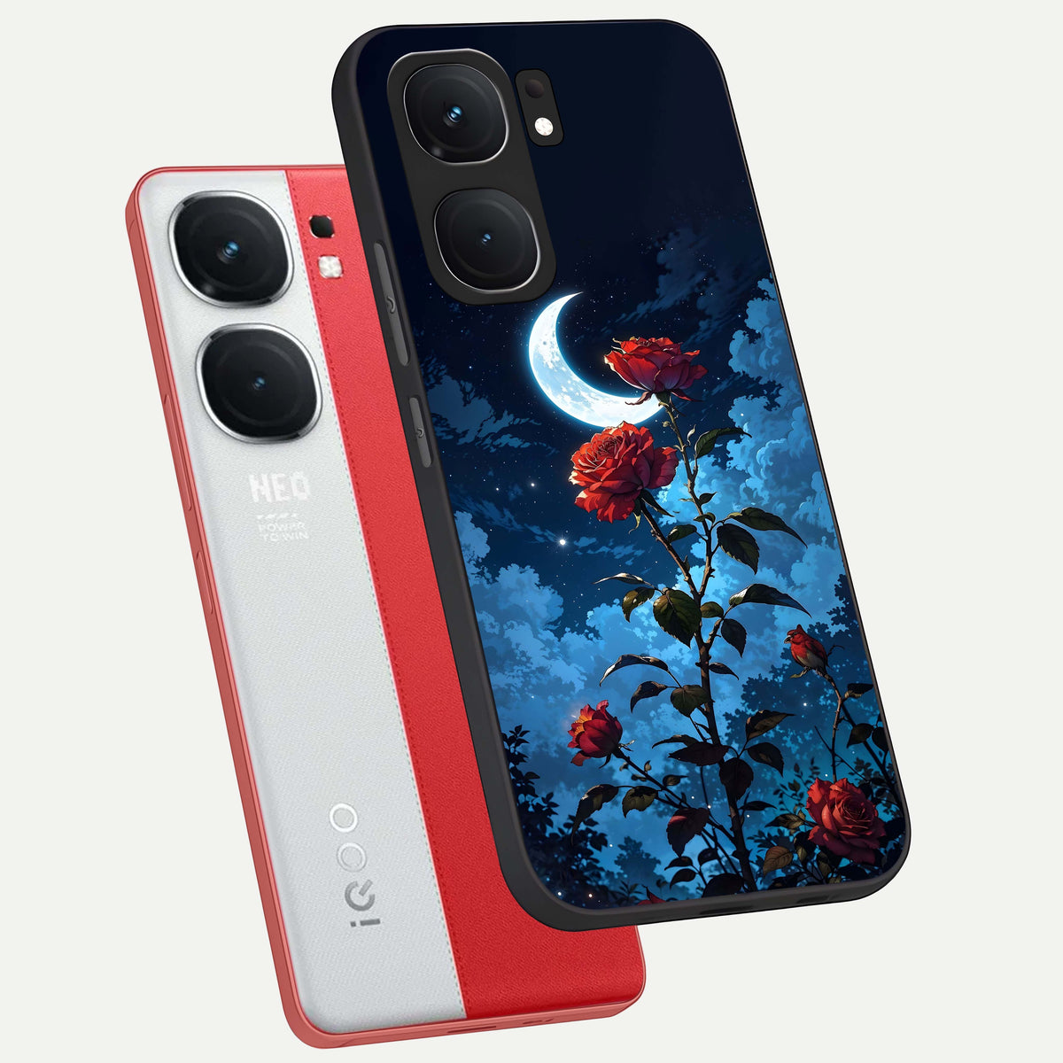  Crimson Rose Moon phone case For iQOO Neo 9 Pro showing premium glass back cover with detailed artwork