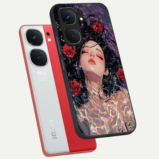  Crimson Rose Serenity phone case For iQOO Neo 9 Pro showing premium glass back cover with detailed artwork