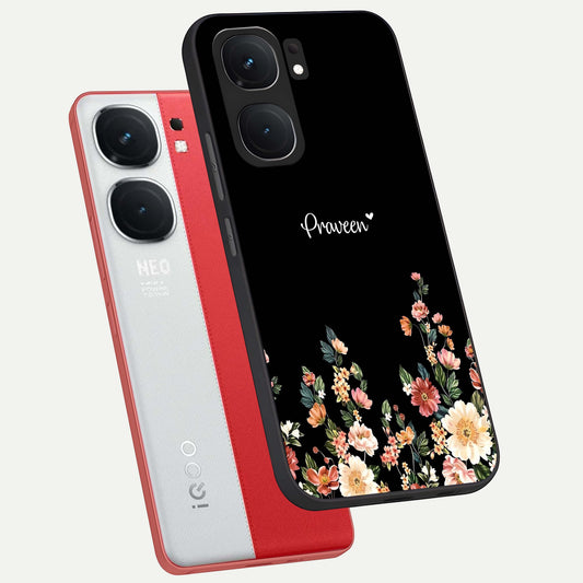 Floral Design Personalized Custom Name phone case For iQOO Neo 9 Pro showing premium glass back cover with detailed artwork
