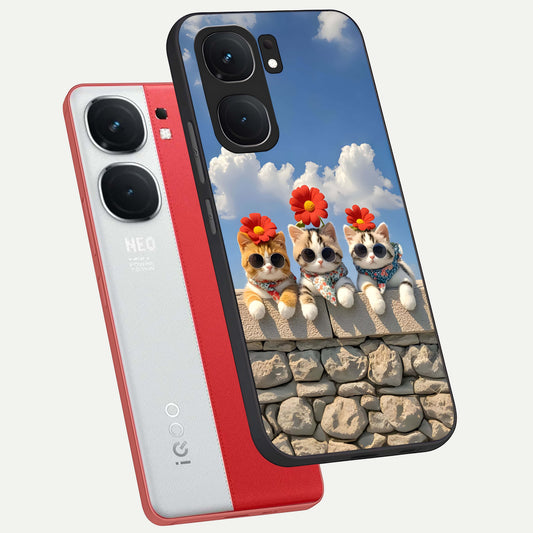 Floral Kitty Squad phone case For iQOO Neo 9 Pro showing premium glass back cover with detailed artwork