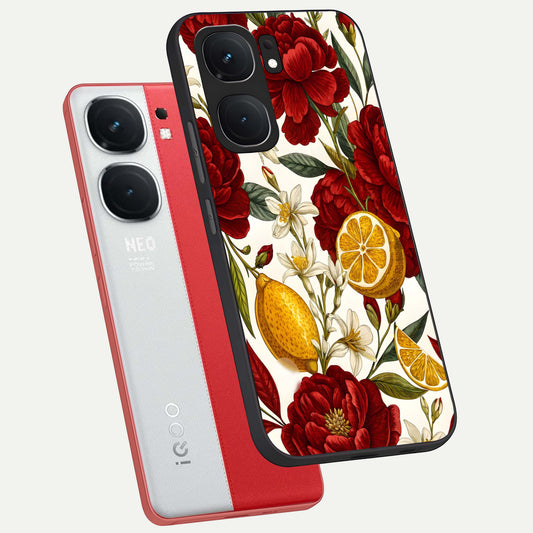  Lemon Rose Charm phone case For iQOO Neo 9 Pro showing premium glass back cover with detailed artwork