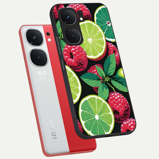  Lime and Raspberry Pattern phone case For iQOO Neo 9 Pro showing premium glass back cover with detailed artwork