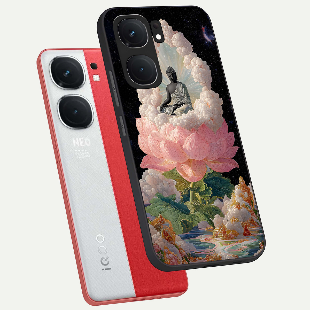  Lotus Divine Peace phone case For iQOO Neo 9 Pro showing premium glass back cover with detailed artwork