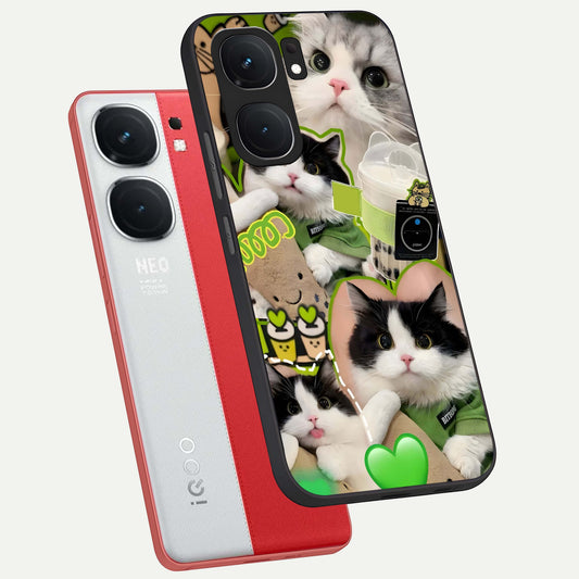  Matcha Cats Mood phone case For iQOO Neo 9 Pro showing premium glass back cover with detailed artwork
