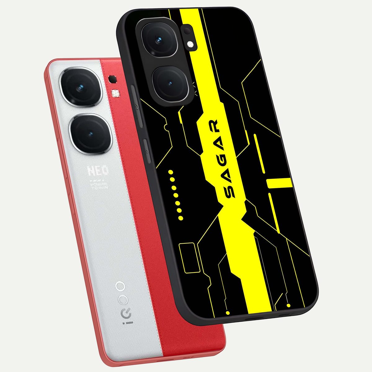  Neon CYBERPUNK Custom Name phone case For iQOO Neo 9 Pro showing premium glass back cover with detailed artwork