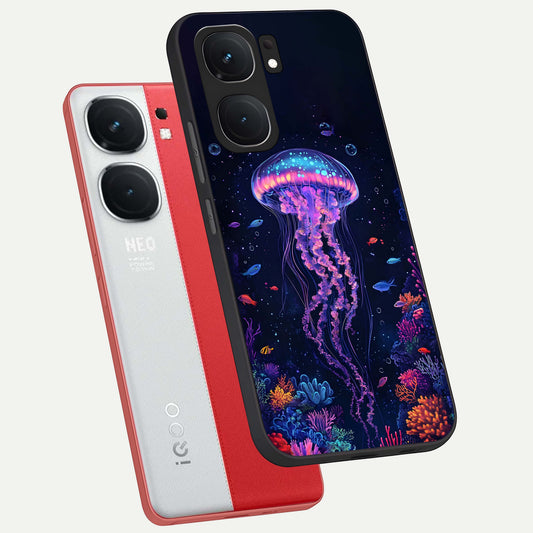  Neon Jellyfish phone case For iQOO Neo 9 Pro showing premium glass back cover with detailed artwork