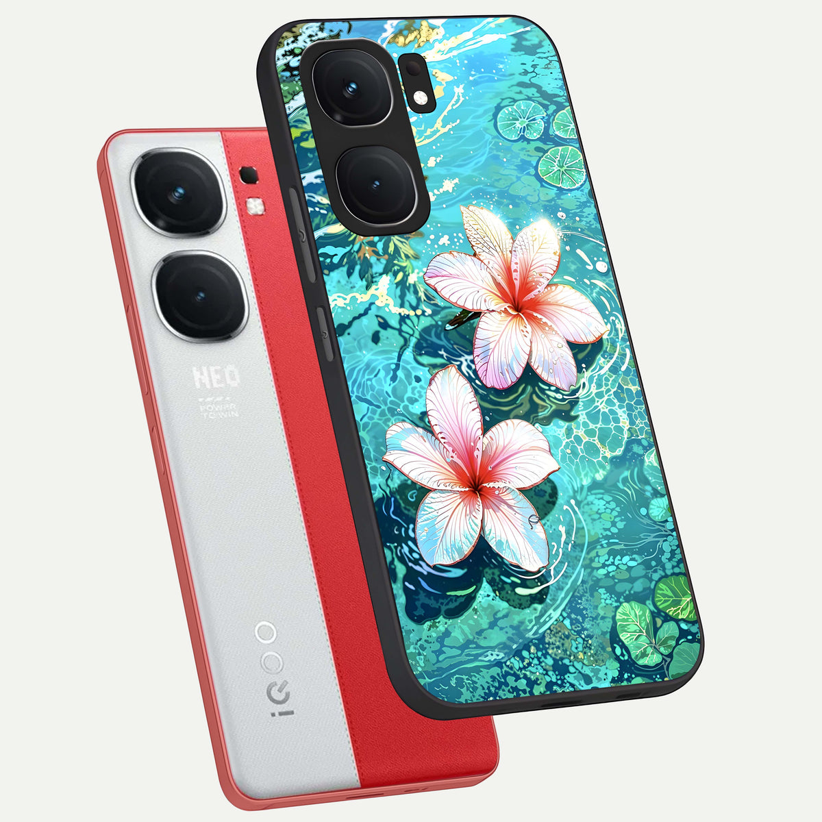  Pink Flowers in Water phone case For iQOO Neo 9 Pro showing premium glass back cover with detailed artwork
