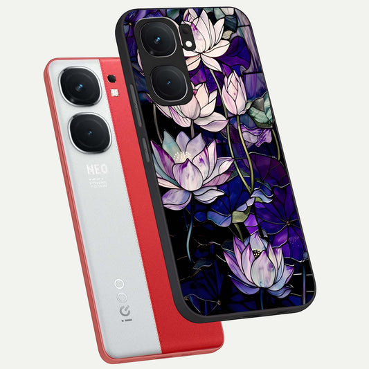  Purple Lotus Pattern phone case For iQOO Neo 9 Pro showing premium glass back cover with detailed artwork
