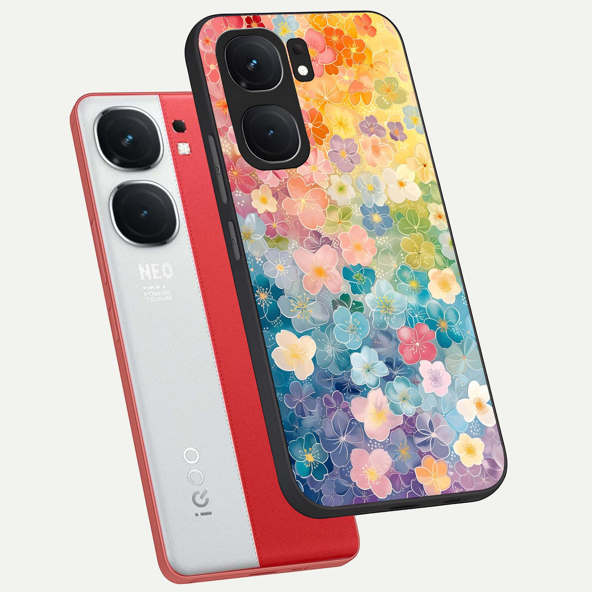  Rainbow Blossom Burst phone case For iQOO Neo 9 Pro showing premium glass back cover with detailed artwork