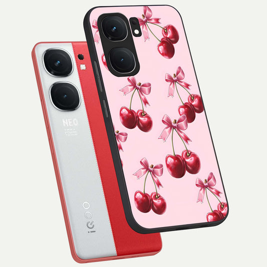  Red Cherries Pattern phone case For iQOO Neo 9 Pro showing premium glass back cover with detailed artwork