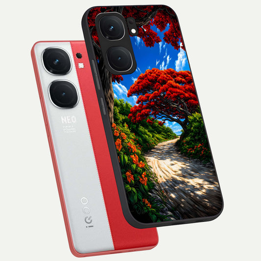 Red Trees Pathway phone case For iQOO Neo 9 Pro showing premium glass back cover with detailed artwork