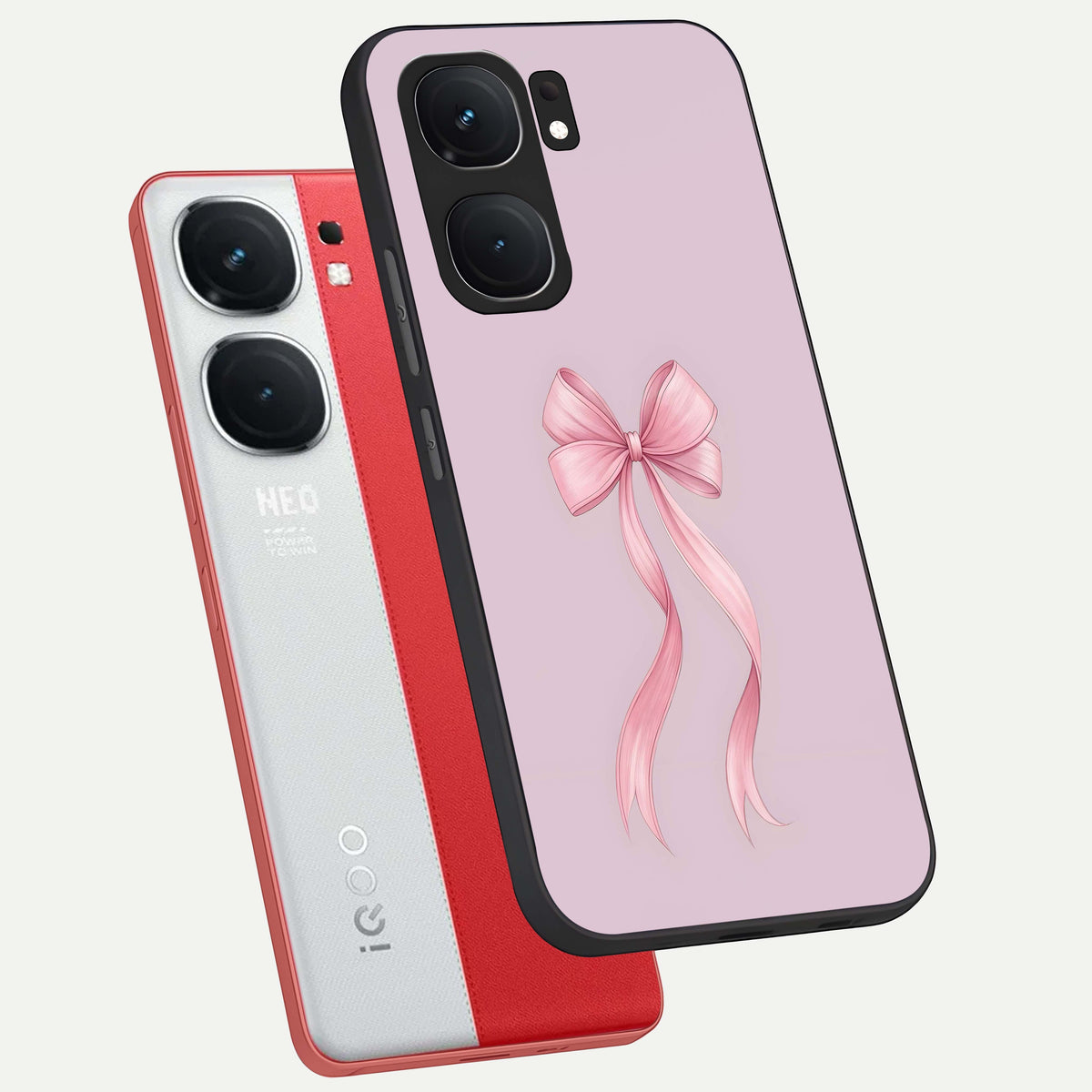  Soft Blush Bow phone case For iQOO Neo 9 Pro showing premium glass back cover with detailed artwork