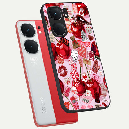  Sweet Cherry Chaos phone case For iQOO Neo 9 Pro showing premium glass back cover with detailed artwork