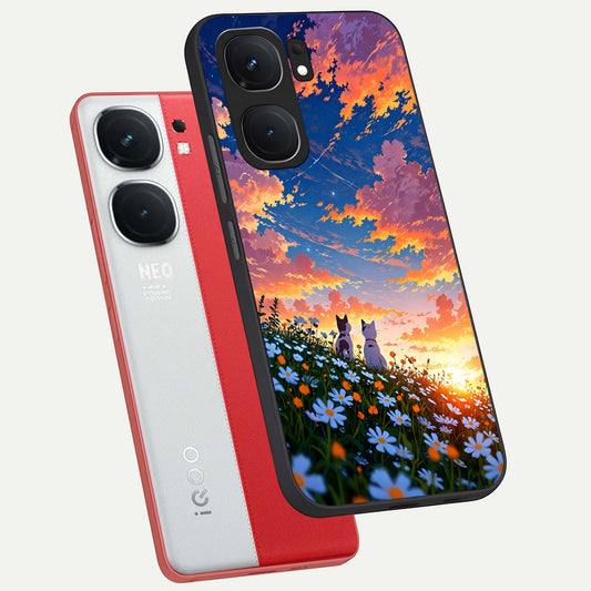  Two Cats Friends phone case For iQOO Neo 9 Pro showing premium glass back cover with detailed artwork